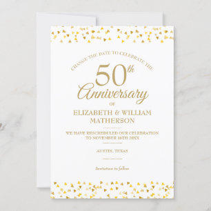 50th Anniversary Gold Hearts Change the Date Invitation