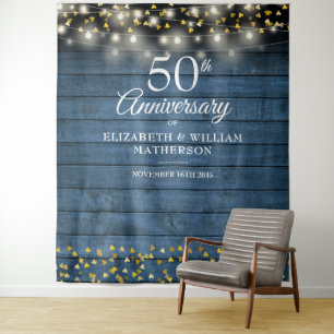 50th Anniversary Gold Hearts Rustic Photo Backdrop Tapestry