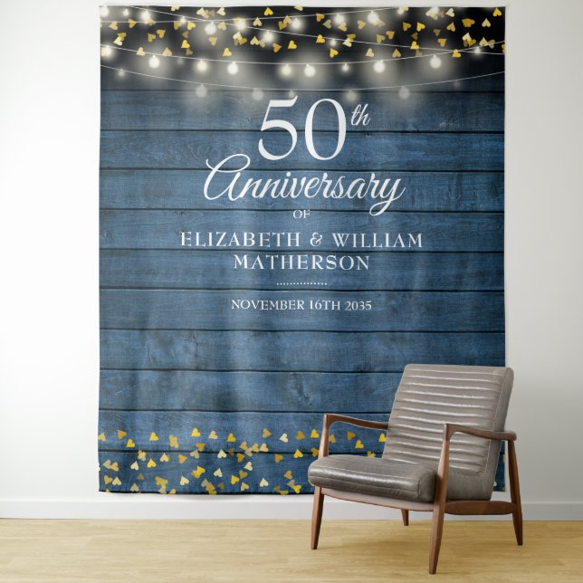 50th Anniversary Gold Hearts Rustic Photo Backdrop Tapestry (In Situ)