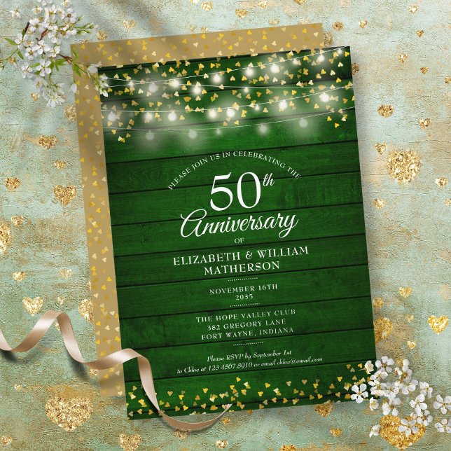 50th Anniversary Gold Hearts String Lights Wood Invitation (50th Anniversary Gold Hearts String Lights Wood Invitation)