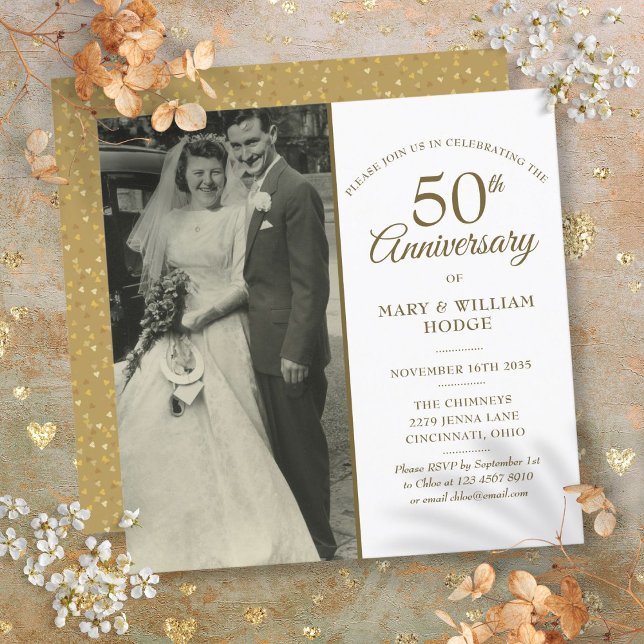 50th Anniversary Gold Hearts Wedding Photo Square Invitation (50th Anniversary Gold Hearts Wedding Photo Square Invitation)