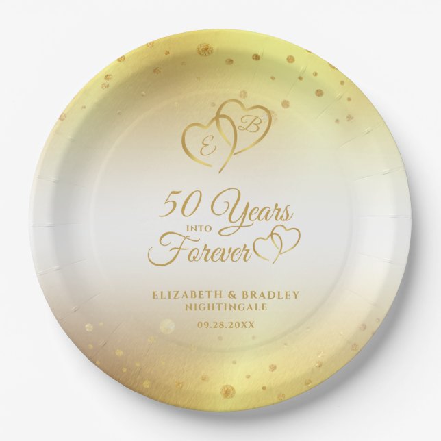 50th Anniversary Gold Hearts  YEARS INTO FOREVER Paper Plate (Front)