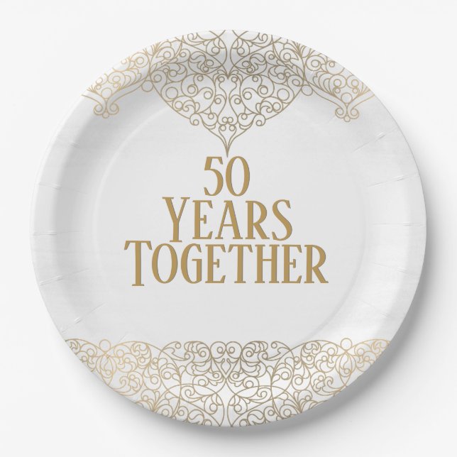 50th Anniversary Gold Lace On White Paper Plate (Front)
