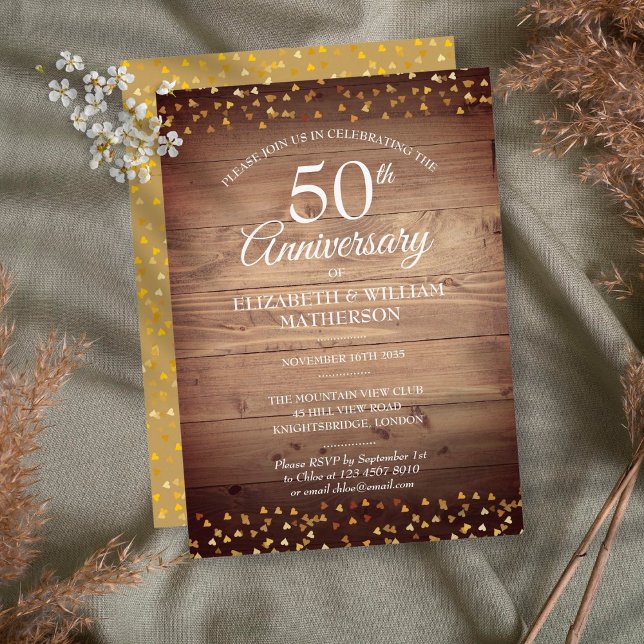 50th Anniversary Gold Love Hearts Rustic Wood Invitation (Creator Uploaded)