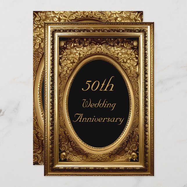 50th Anniversary Gold Ornate Floral Antique Frame Invitation (Front/Back)