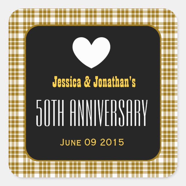 50th Anniversary GOLD PLAID Custom Names V01 Square Sticker (Front)