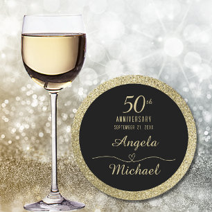 50th Anniversary Gold Sparkle Black Stylish Glam Round Paper Coaster