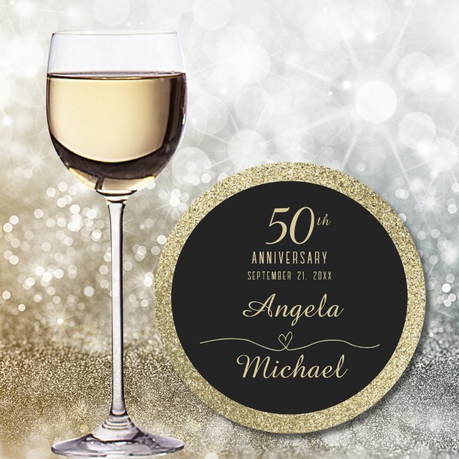 50th Anniversary Gold Sparkle Black Stylish Glam Round Paper Coaster (Creator Uploaded)