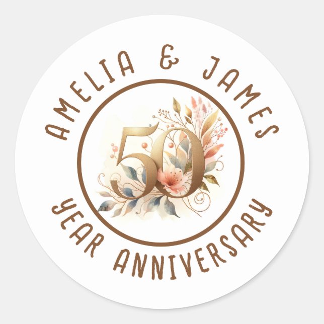 50th Anniversary Gold Wedding Floral Classic Round Sticker (Front)