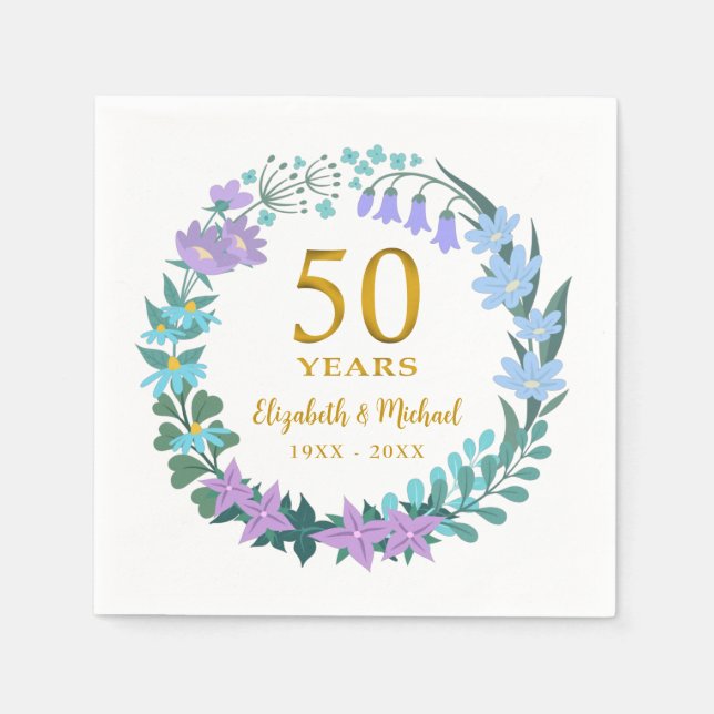 50th Anniversary Golden Floral Bluebells Wreath Napkin (Front)