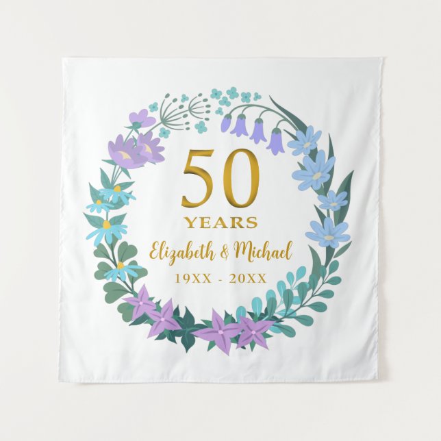 50th Anniversary Golden Floral Bluebells Wreath Tapestry (Front)