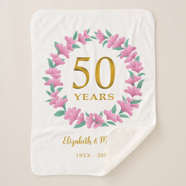 50th Anniversary Golden Floral Pink Wreath Sherpa Blanket (Front)
