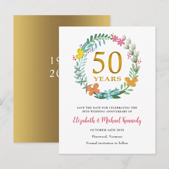 50th Anniversary Golden Floral Save the Date Announcement Postcard (Front/Back)