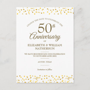 50th Anniversary Golden Hearts Change the Date Announcement Postcard
