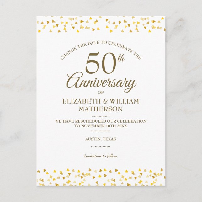 50th Anniversary Golden Hearts Change the Date Announcement Postcard (Front)