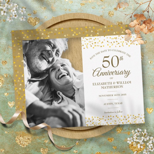 50th Anniversary Golden Hearts Save the Date Photo Announcement Postcard (50th Anniversary Golden Hearts Save the Date Photo Announcement Postcard)