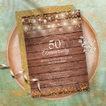 50th Anniversary Golden Hearts String Lights Wood Invitation<br><div class="desc">Featuring pretty string lights and delicate golden love hearts on a rustic wood background. Personalise with your special fifty years golden wedding anniversary information in chic gold lettering. Designed by Thisisnotme©</div>
