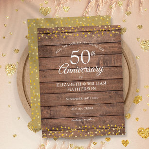 50th Anniversary Golden Hearts Wood Save the Date  Announcement Postcard