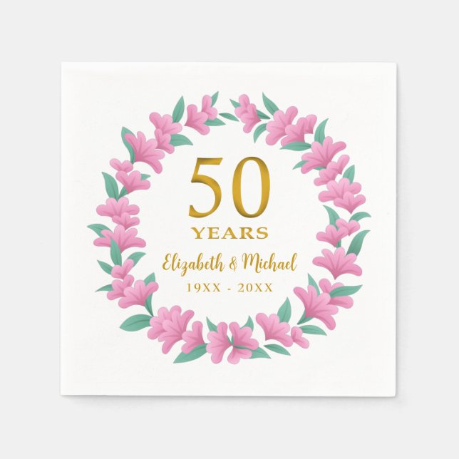 50th Anniversary Golden Pink Floral Wreath Napkin (Front)