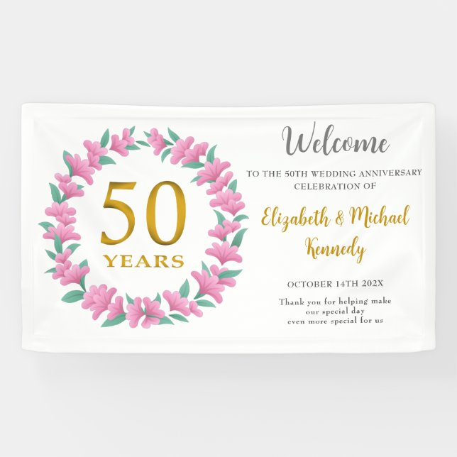 50th Anniversary Golden Pink Floral Wreath Wedding Banner (Horizontal)