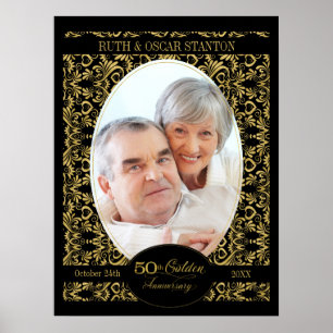 50th Anniversary Golden Swirls on Black Photo Poster