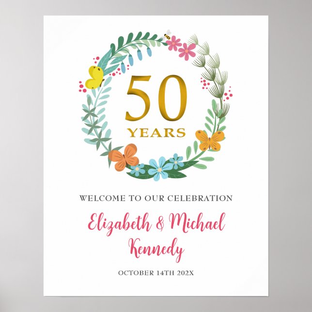 50th Anniversary Golden Welcome Floral Wreath Sign (Front)