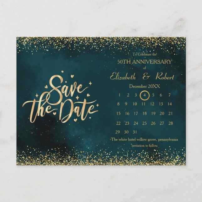 50th Anniversary Green Wedding The Date Calendar Announcement Postcard (Front)