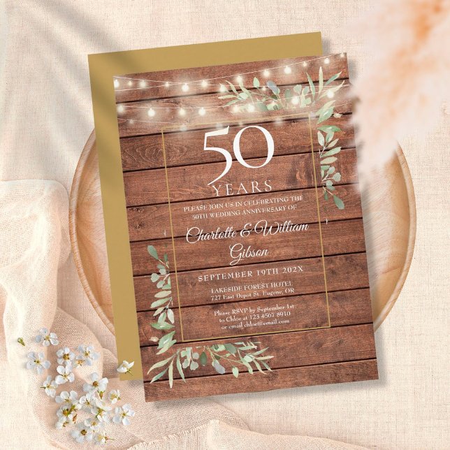 50th Anniversary Greenery String Lights Wood  Invitation (Creator Uploaded)