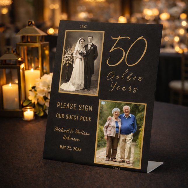 50th Anniversary Guest Book Table Display Sign (Luxury black and gold anniversary guest book sign with candlelit reception styling.)