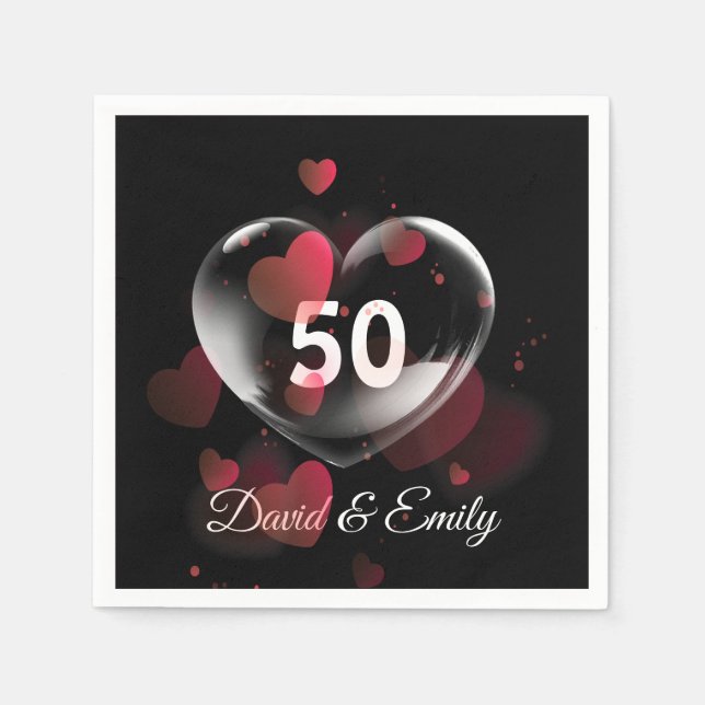 50th Anniversary Heart Bubble With Red Hearts Napkin (Front)