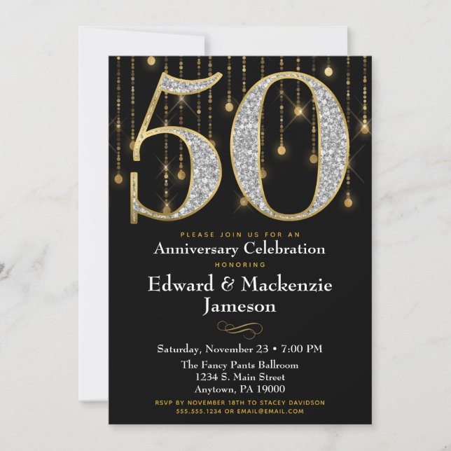 50th Anniversary Invitation Black Gold Diamonds (Front)