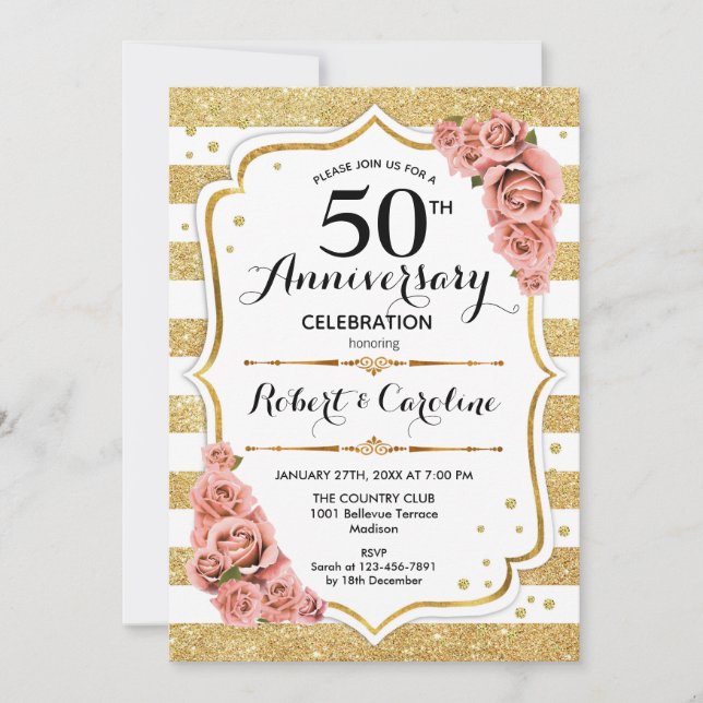 50th Anniversary Invitation - Gold Pink Roses (Front)