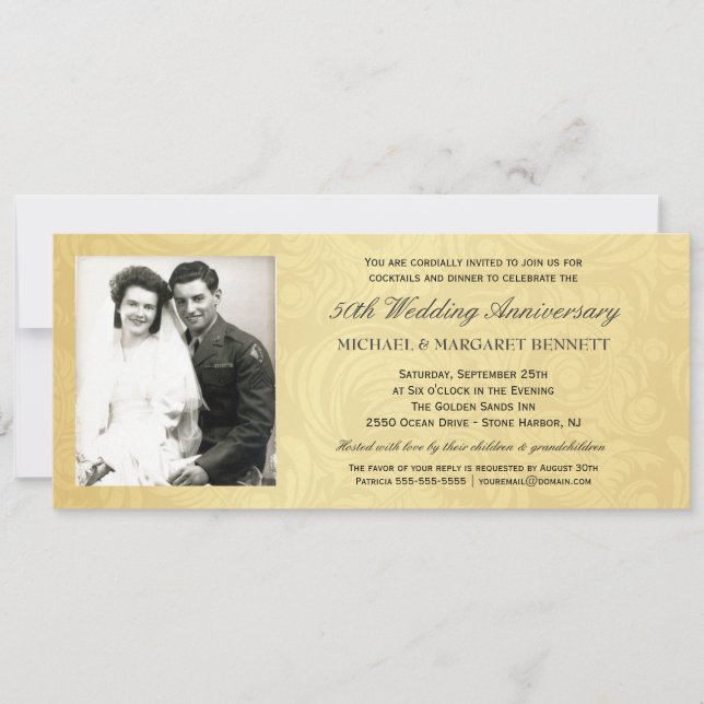 50th Anniversary Invitations - Vintage Gold Damask (Front)