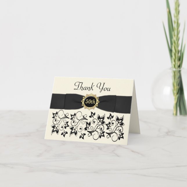 50th Anniversary Ivory Black Floral Thank You Card (Front)