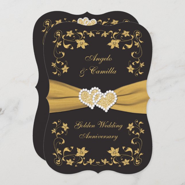 50th Anniversary Joined Hearts Invite, Black Gold Invitation (Front/Back)