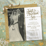 50th Anniversary Just Married Wedding Photo Square Invitation<br><div class="desc">Personalise with your favourite wedding photo and your special 50th golden wedding anniversary celebration details in chic gold typography. The reverse features gold love heart confetti. Designed by Thisisnotme©</div>
