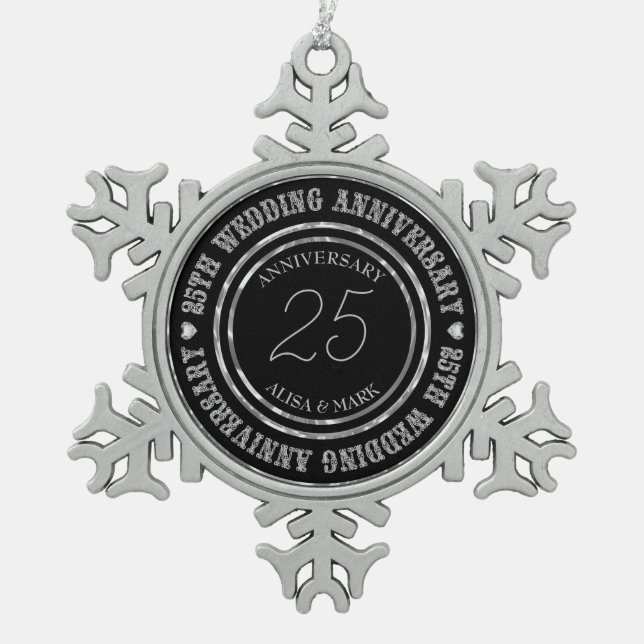 50th Anniversary Metallic Silver & Black Rings Snowflake Pewter Christmas Ornament (Front)