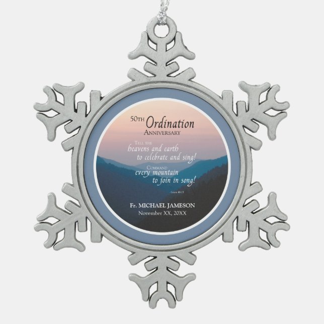 50th Anniversary of Ordination Congratulations Snowflake Pewter Christmas Ornament (Front)