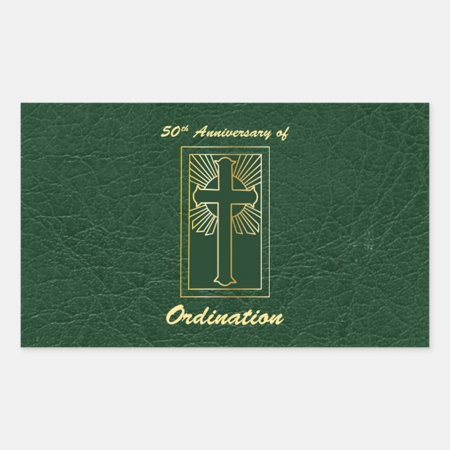 50th Anniversary of Ordination Green Leather Look Rectangular Sticker (Front)