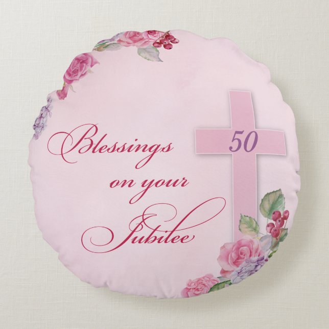 50th Anniversary of Religious Life Catholic Nun Round Cushion (Front)