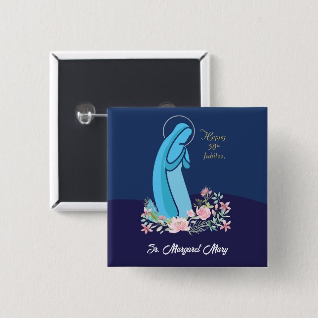 50th Anniversary of Religious Life Nun Pink Flower 15 Cm Square Badge (Front & Back)