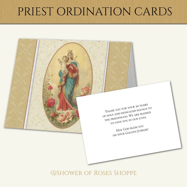 50th Anniversary Ordination Blessed Virgin Mary Card (Beautiful Catholic Priest Deacon ordination cards - Easy to personalize!)