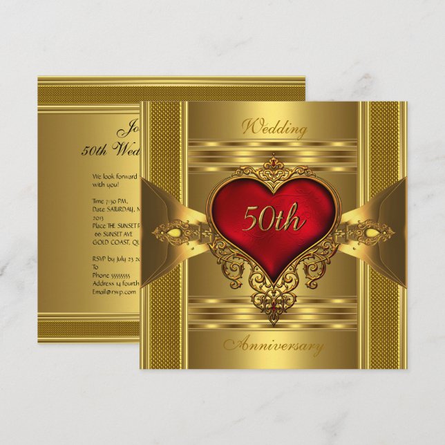 50th Anniversary Ornate Red Jewelled Heart Gold 2 Invitation (Front/Back)
