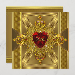 50th Anniversary Ornate Red Jewelled Heart Gold Invitation
