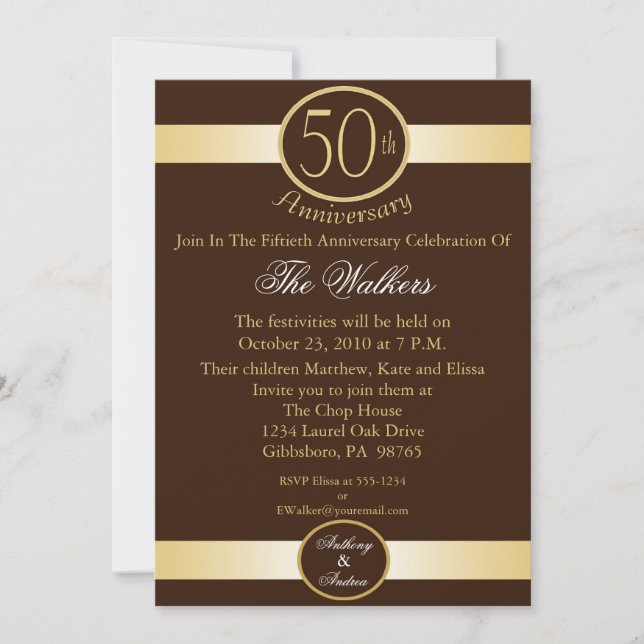 50th Anniversary Party Invitations In Brown & Gold (Front)