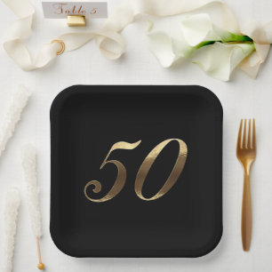 50th Anniversary Party Modern Black and Gold Paper Plate