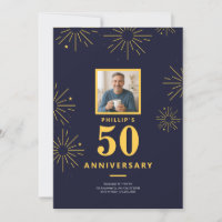 50th Anniversary Party Navy Blue Gold Fireworks