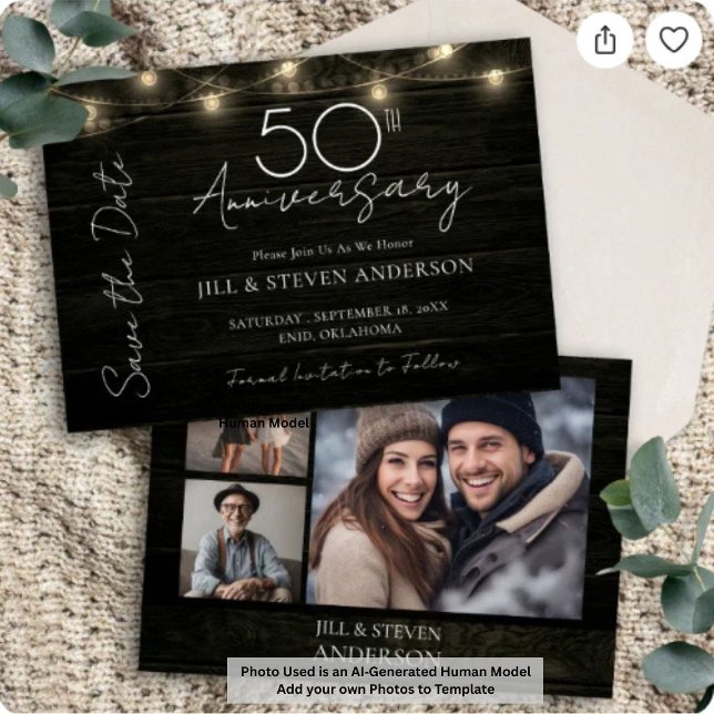 50th Anniversary Party Rustic Wood Lights Save The Date (Creator Uploaded)
