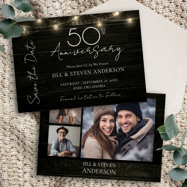50th Anniversary Party Rustic Wood Lights Save The Date (Creator Uploaded)