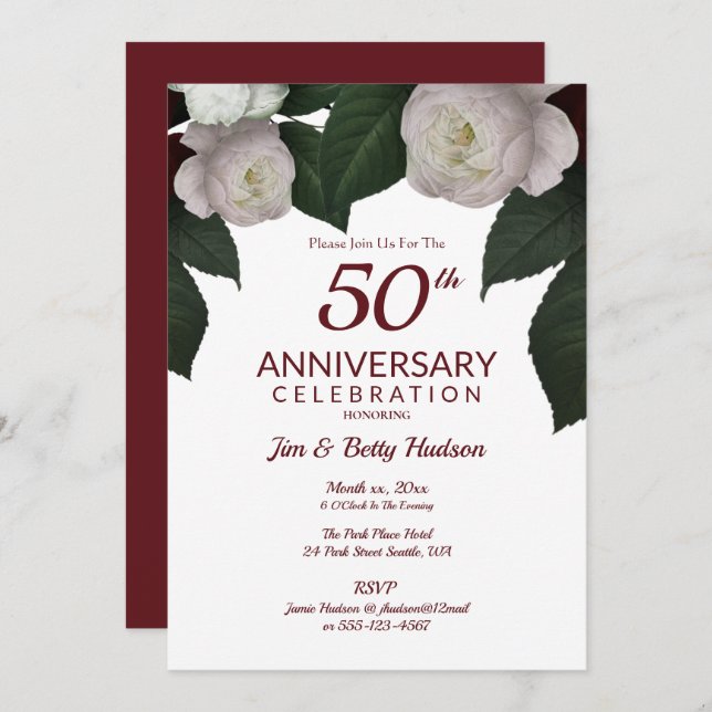 50th Anniversary Party White Roses Invitation (Front/Back)